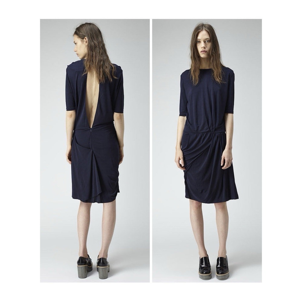 ACNE STUDIOS Pim Jersey Midi Dress Size 38 6 Navy Blue Drape Open Back Lagenlook